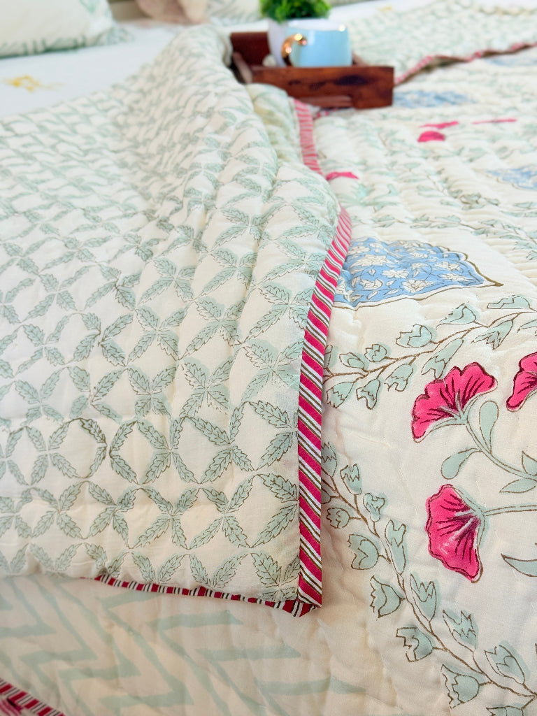 Orchard Bloom Single Hand-blocked Quilt (Beige Base)
