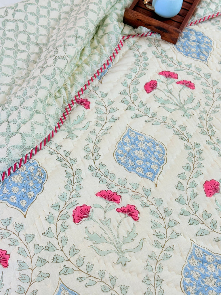 Orchard Bloom Single Hand-blocked Quilt (Beige Base)