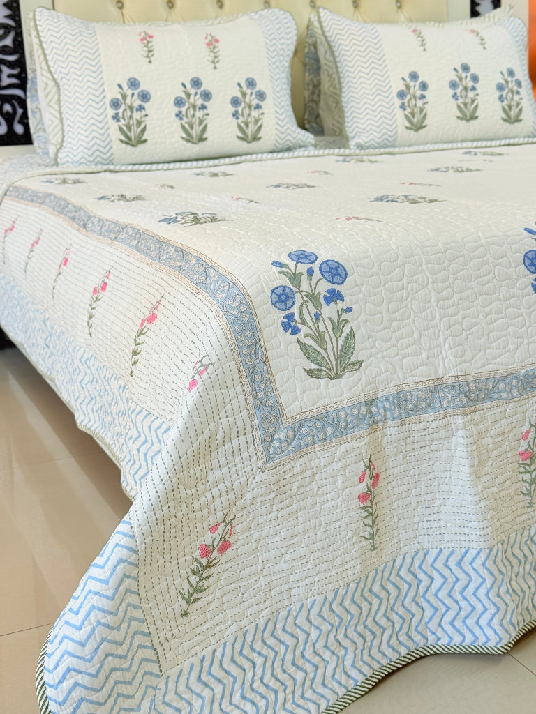 Handcrafted Harmony Hand Blocked Quilted Bedcover