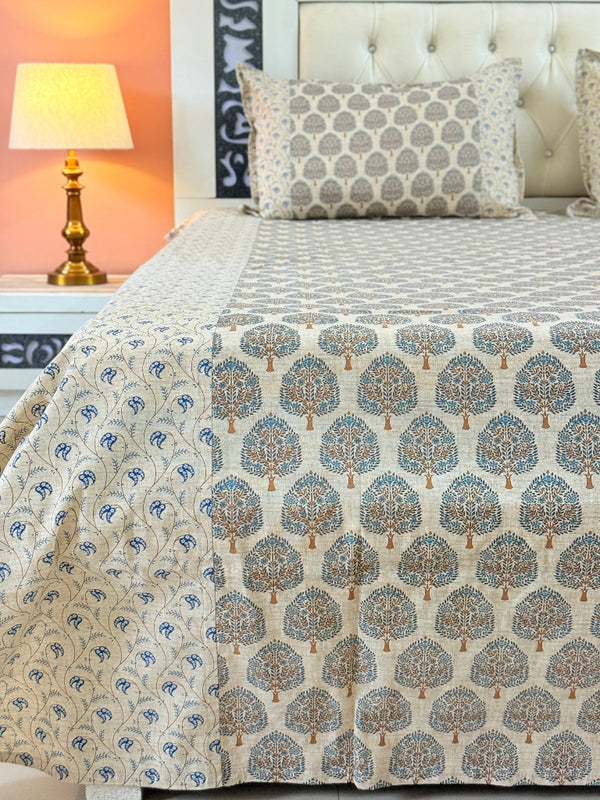 Beige and Blue Floral Ajrakh Bedsheet