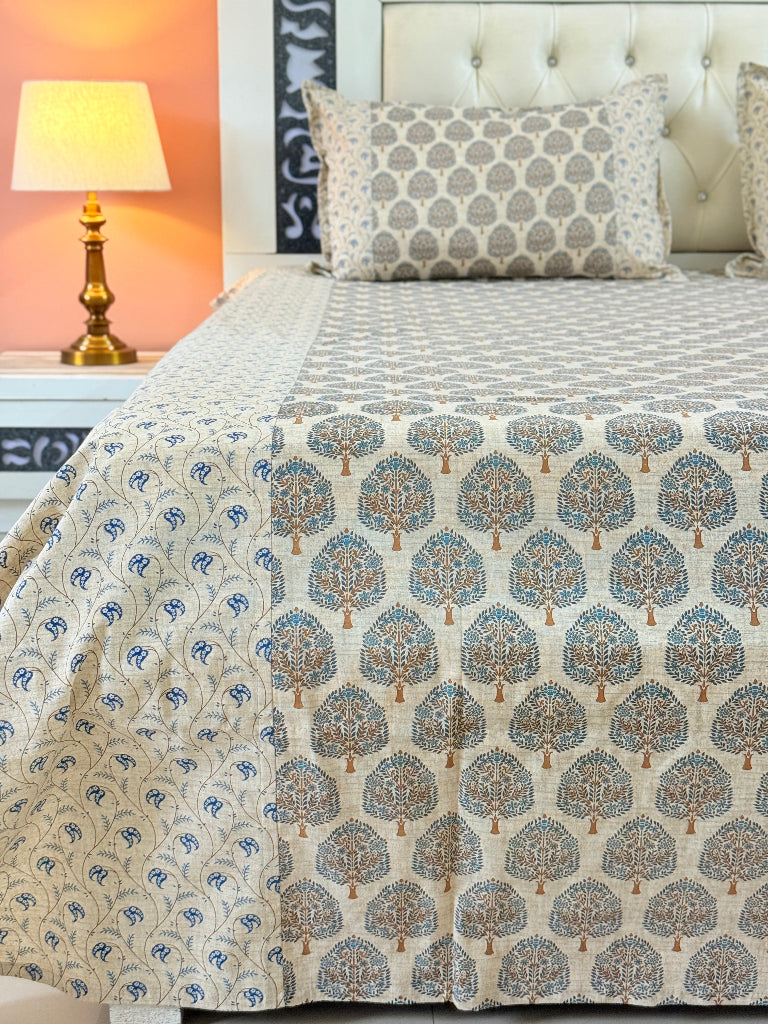 Beige and Blue Floral Ajrakh Bedsheet