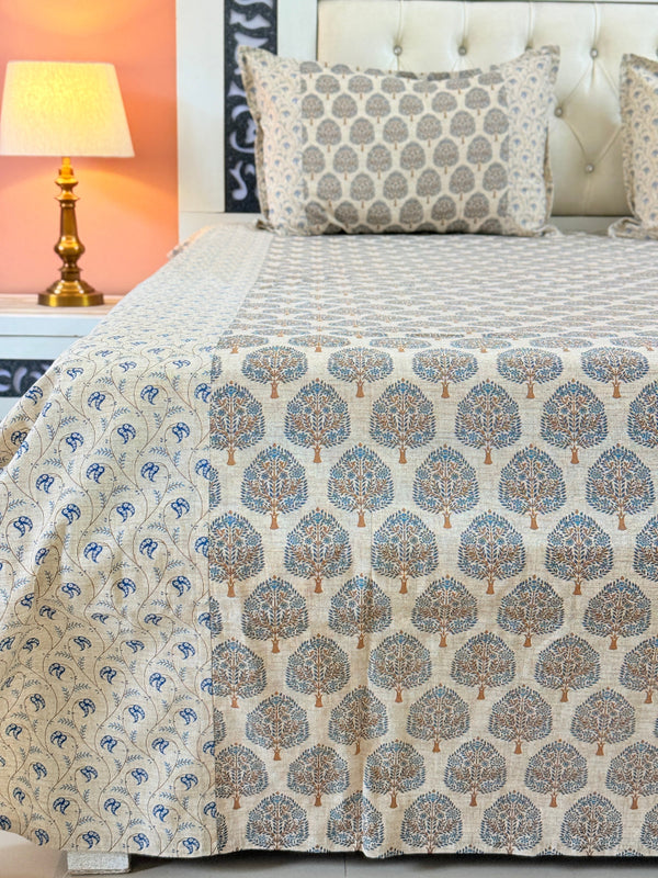 Beige and Blue Floral Ajrakh Bedsheet
