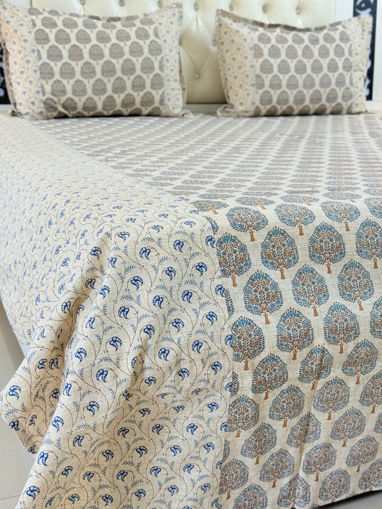 Beige and Blue Floral Ajrakh Bedsheet