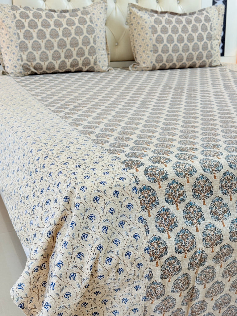 Beige and Blue Floral Ajrakh Bedsheet