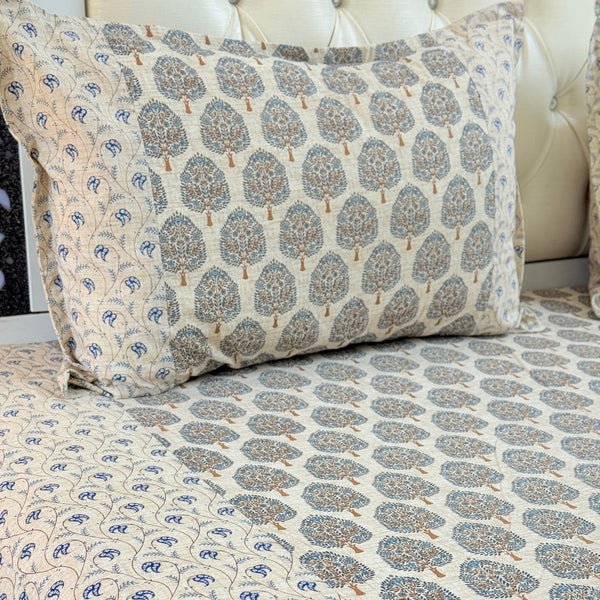Beige and Blue Floral Ajrakh Bedsheet