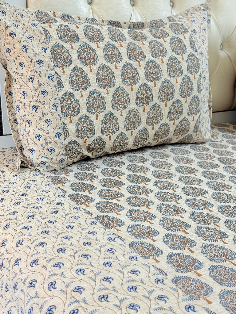 Beige and Blue Floral Ajrakh Bedsheet