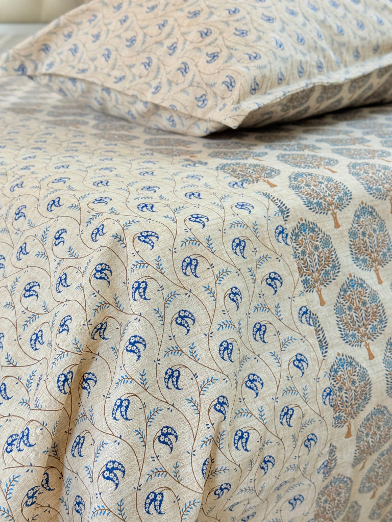 Beige and Blue Floral Ajrakh Bedsheet