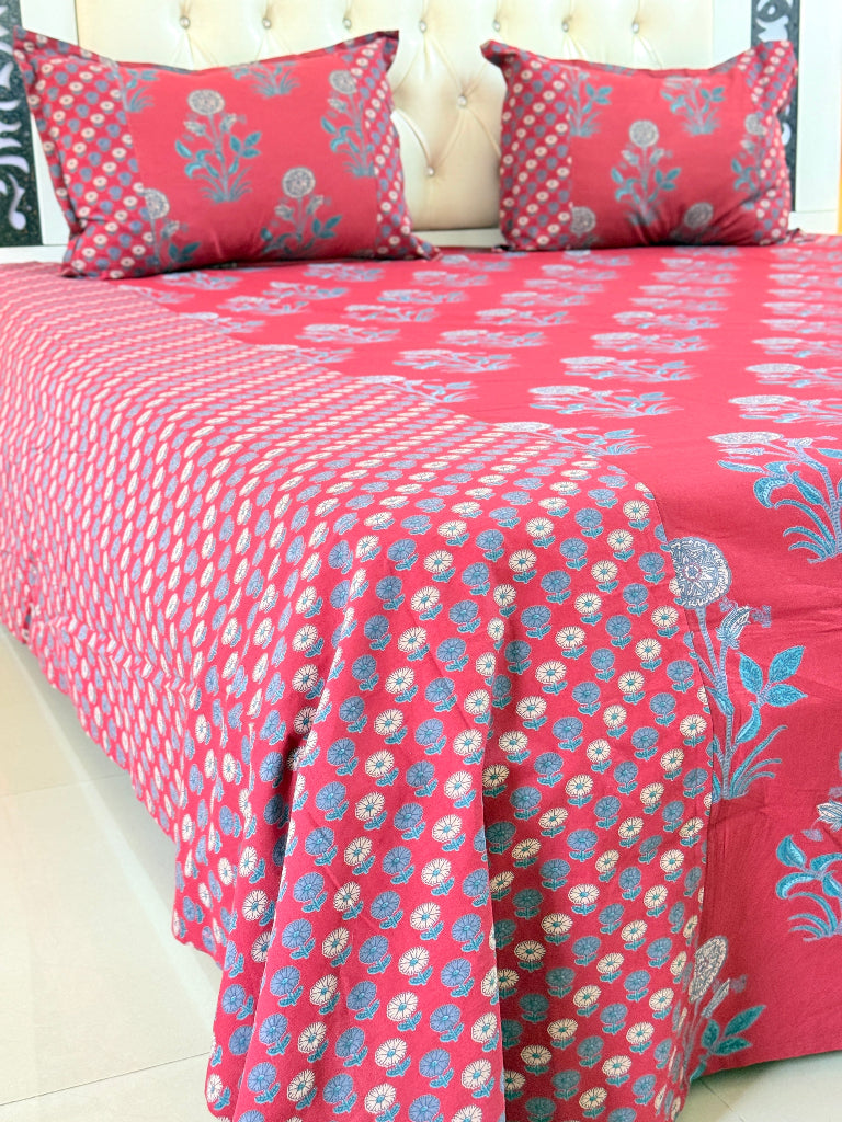 Red Floral Love Ajrakh Bedsheet