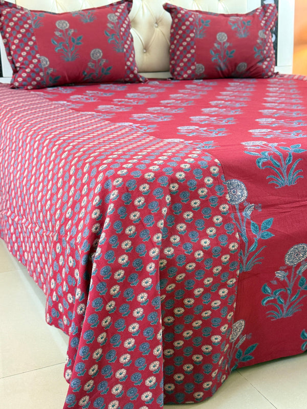 Red Floral Love Ajrakh Bedsheet