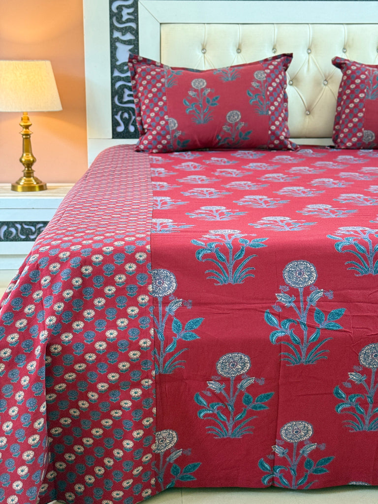 Red Floral Love Ajrakh Bedsheet