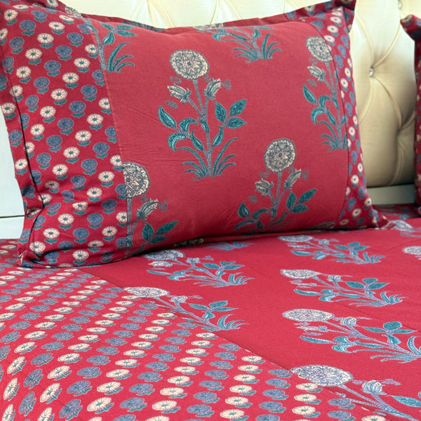 Red Floral Love Ajrakh Bedsheet
