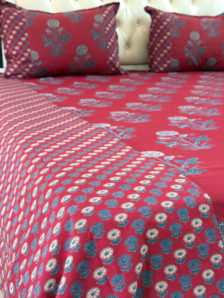 Red Floral Love Ajrakh Bedsheet