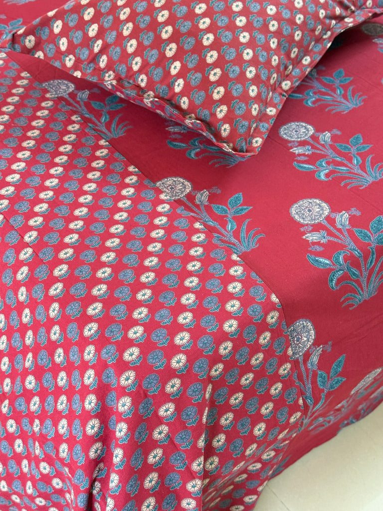 Red Floral Love Ajrakh Bedsheet