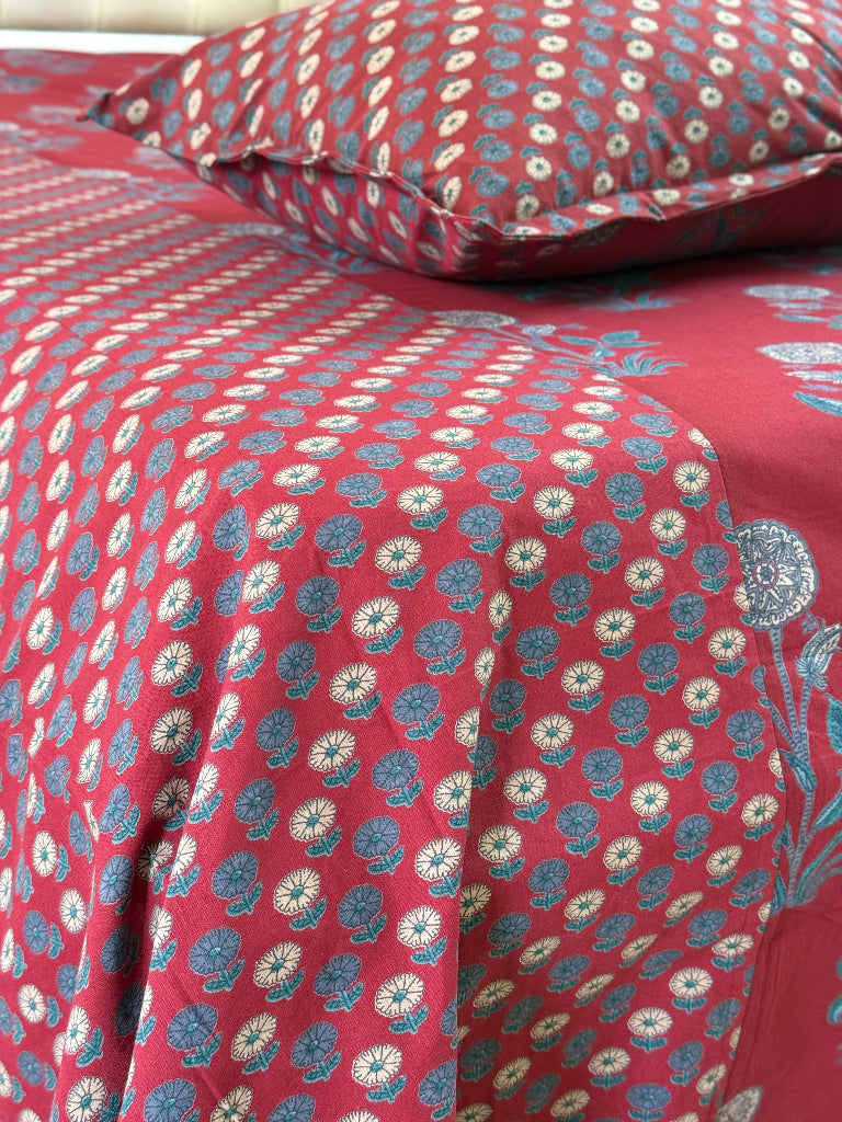 Red Floral Love Ajrakh Bedsheet