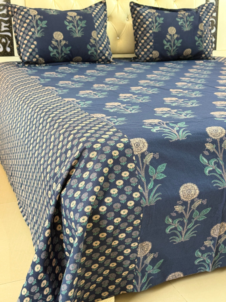 Blue Floral Motif Ajrakh Bedsheet
