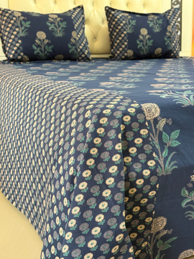 Blue Floral Motif Ajrakh Bedsheet