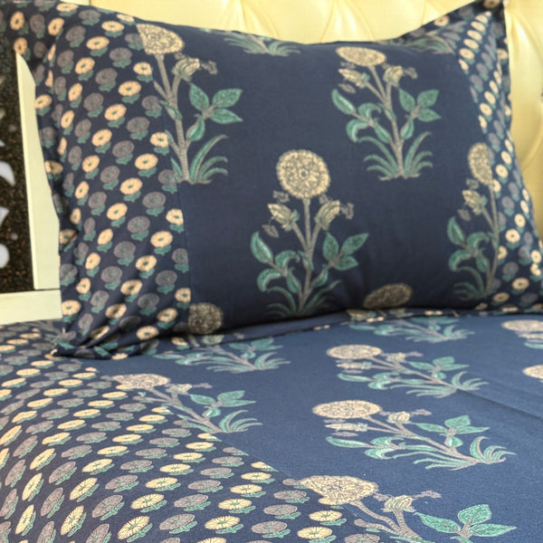 Blue Floral Motif Ajrakh Bedsheet