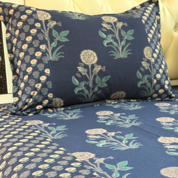 Blue Floral Motif Ajrakh Bedsheet