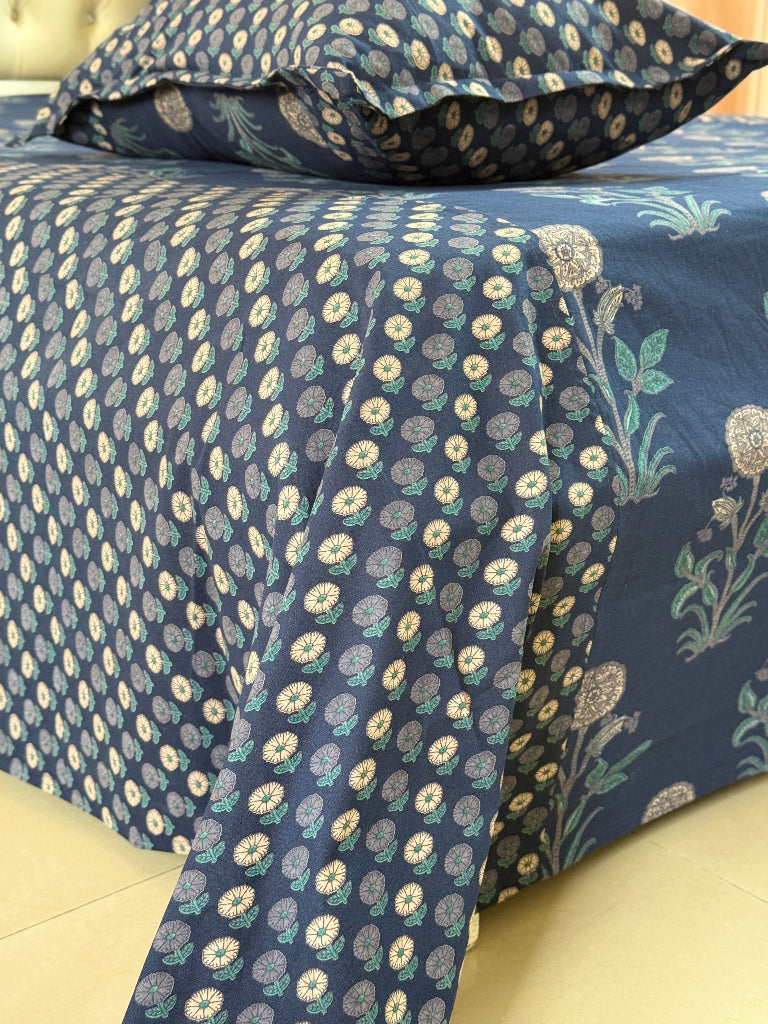 Blue Floral Motif Ajrakh Bedsheet