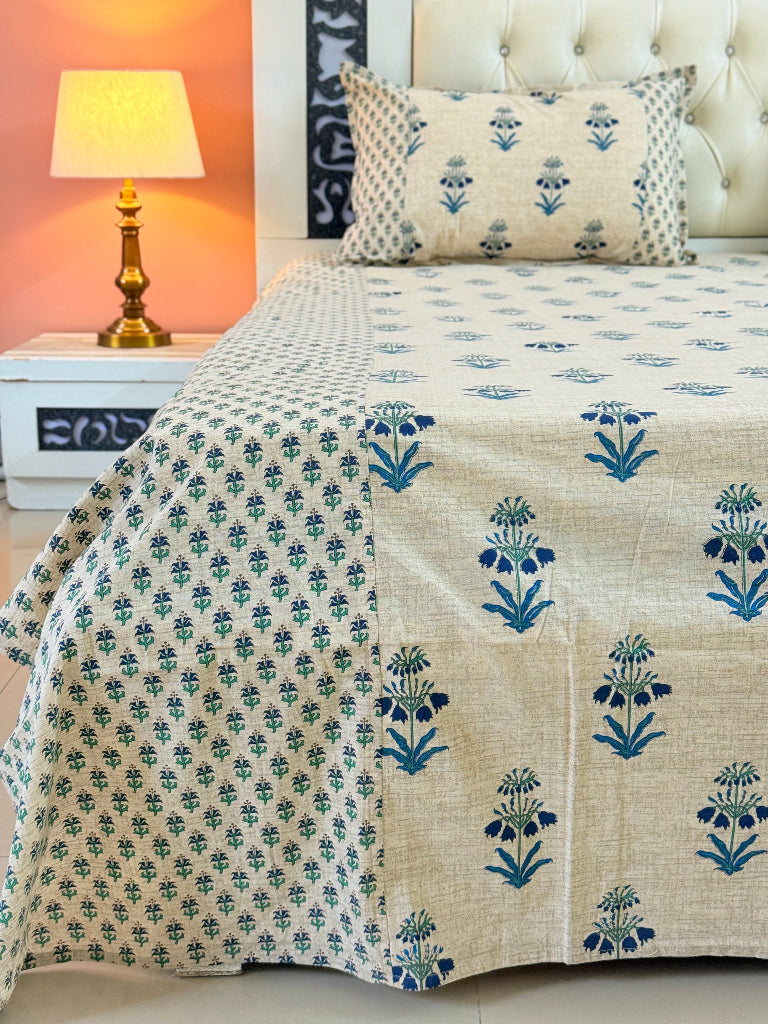Blue Floral Charm Ajrakh Bedsheet