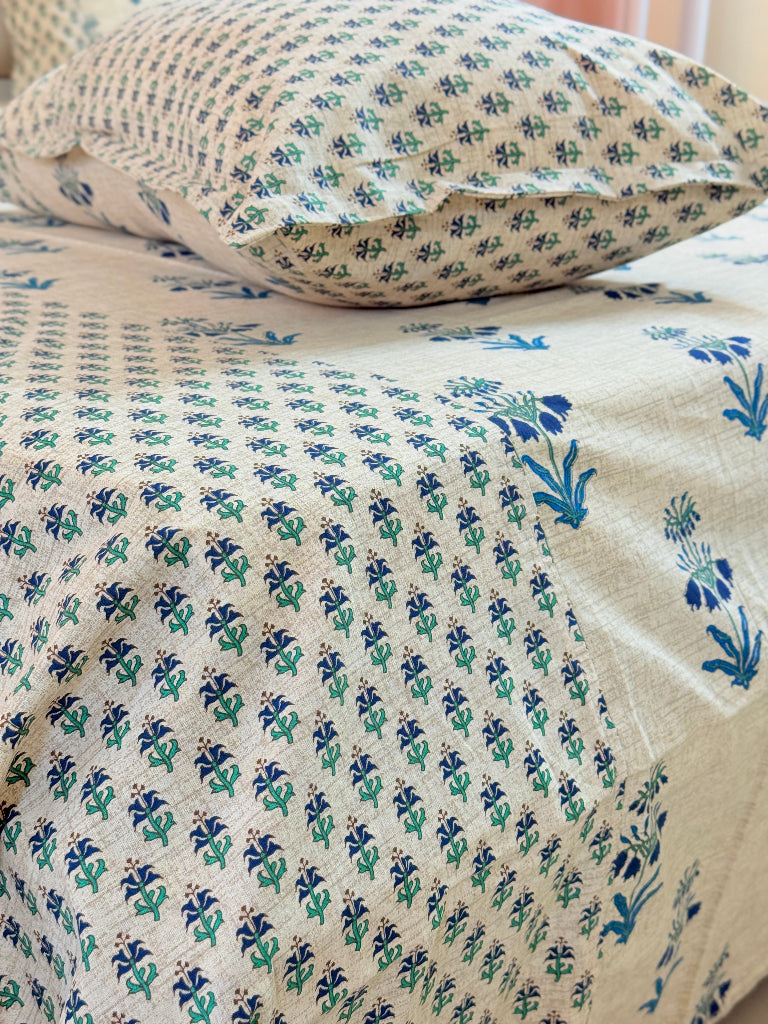 Blue Floral Charm Ajrakh Bedsheet