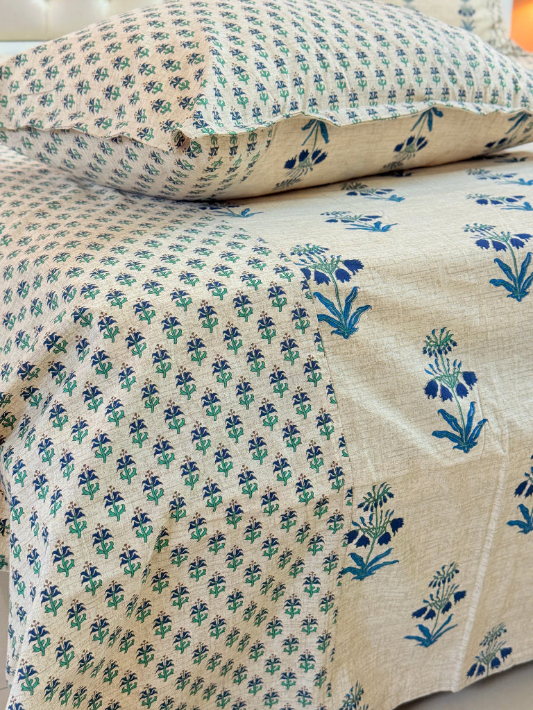Blue Floral Charm Ajrakh Bedsheet