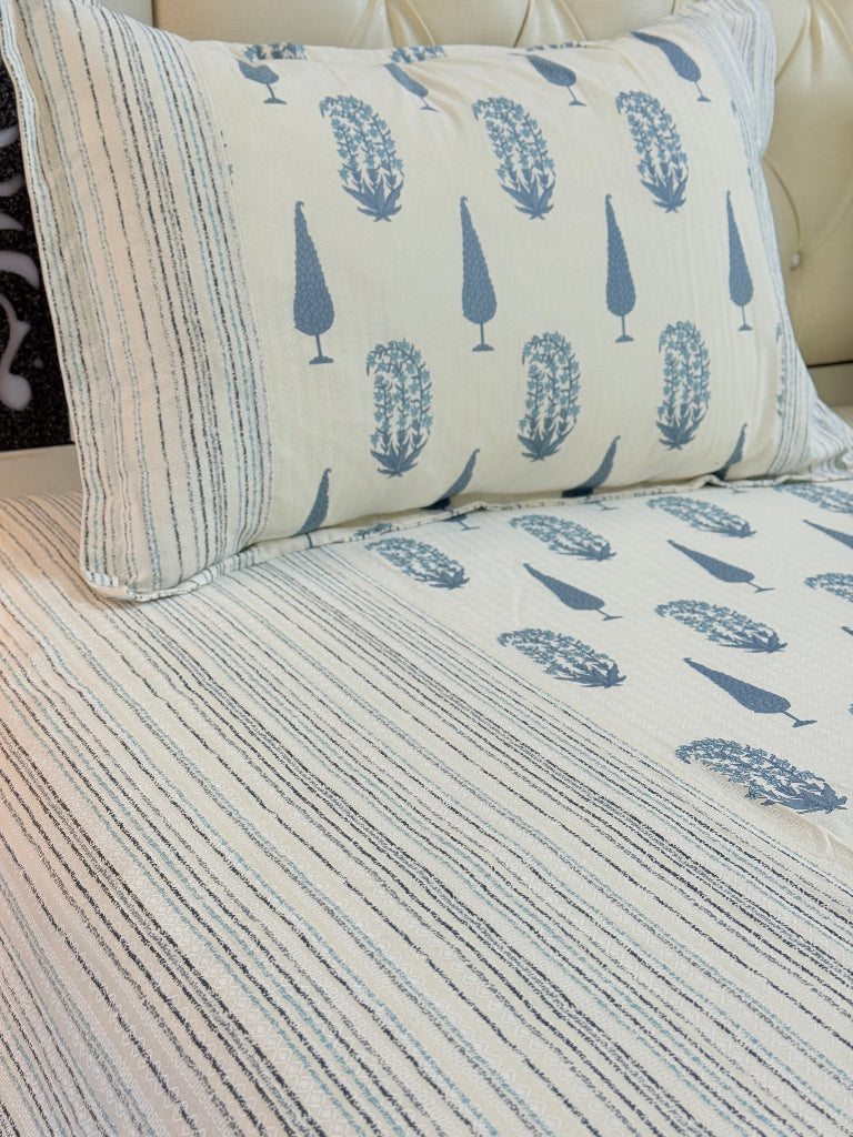 Blue Cypress Motif Ajrakh Bedsheet