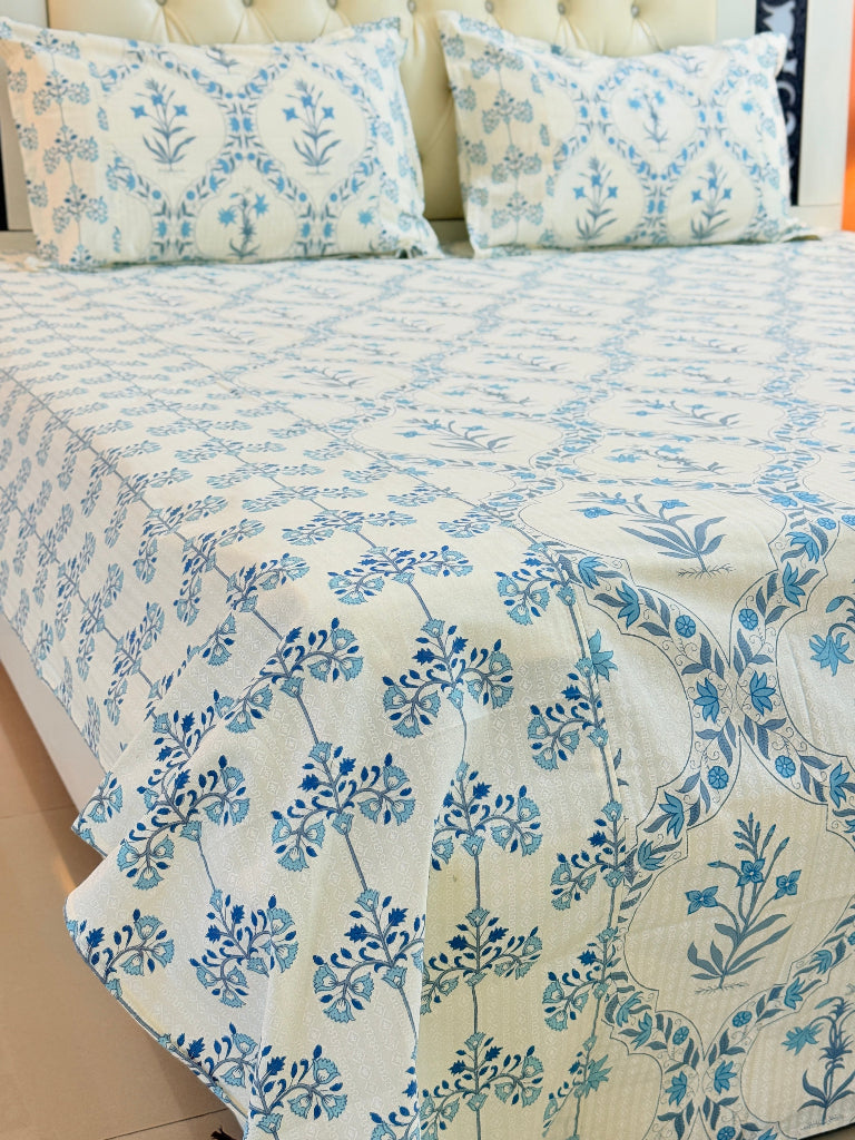 Blue Floral Grid Ajrakh Bedsheet