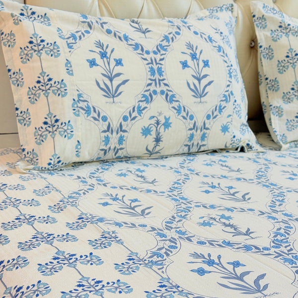 Blue Floral Grid Ajrakh Bedsheet
