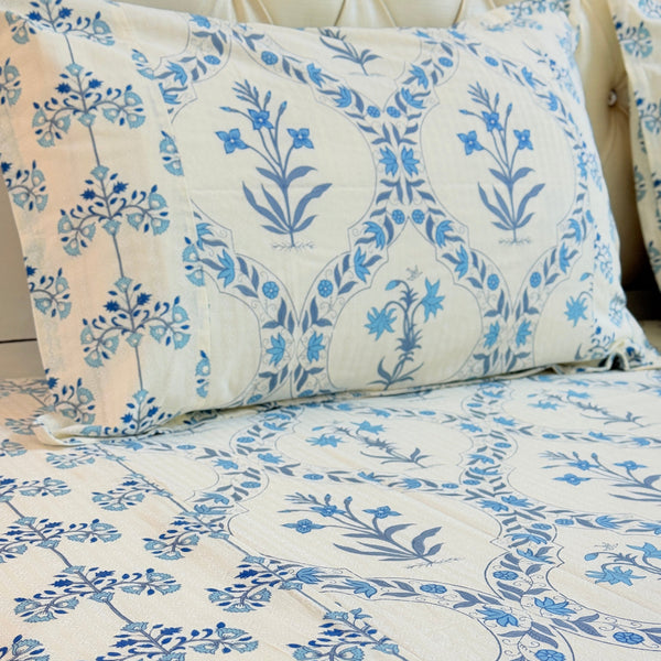 Blue Floral Grid Ajrakh Bedsheet