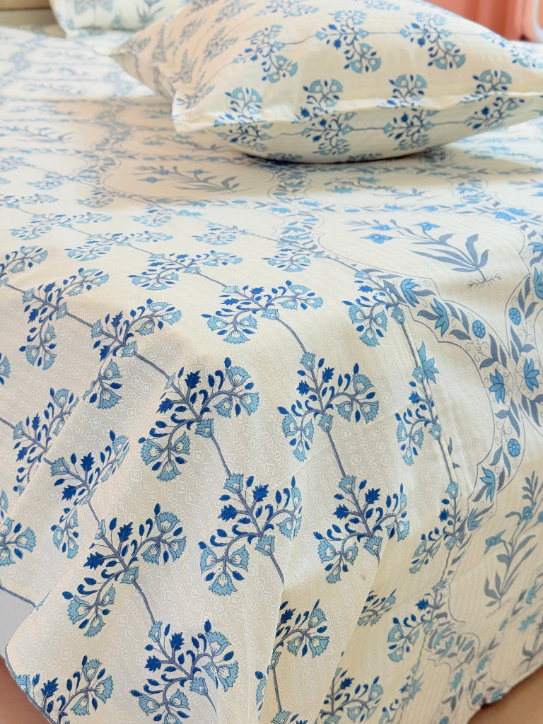 Blue Floral Grid Ajrakh Bedsheet