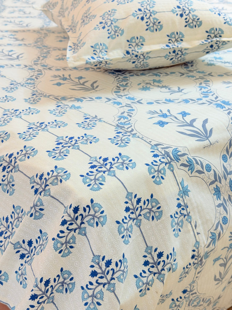 Blue Floral Grid Ajrakh Bedsheet