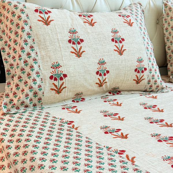 Beige and Red Floral Ajrakh Bedsheet