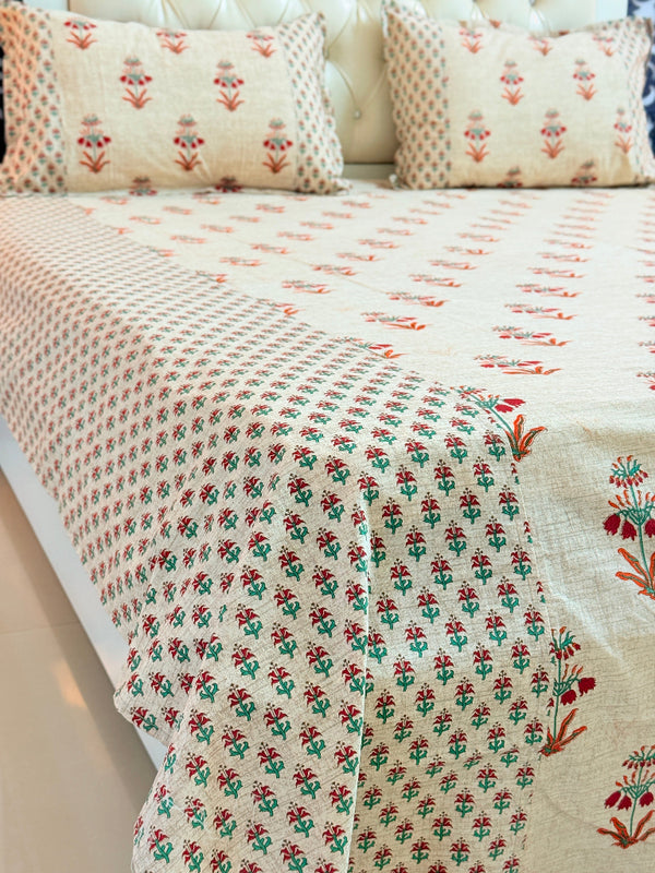 Beige and Red Floral Ajrakh Bedsheet