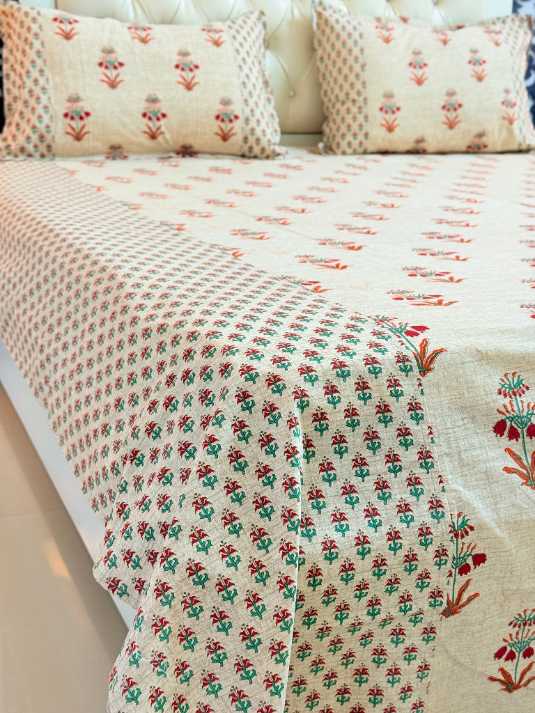 Beige and Red Floral Ajrakh Bedsheet