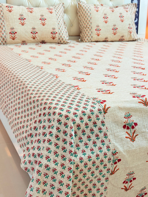 Beige and Red Floral Ajrakh Bedsheet