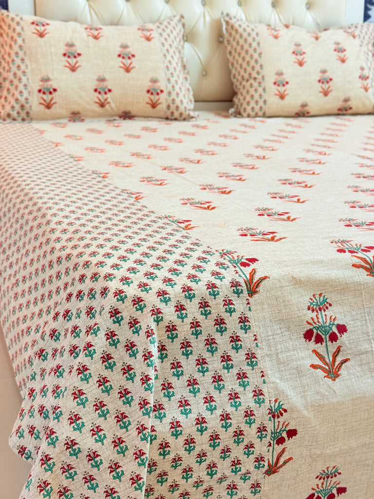 Beige and Red Floral Ajrakh Bedsheet