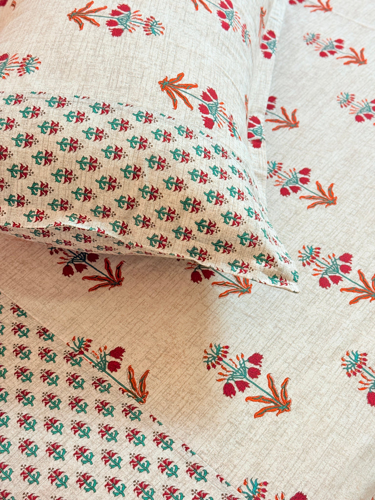 Beige and Red Floral Ajrakh Bedsheet