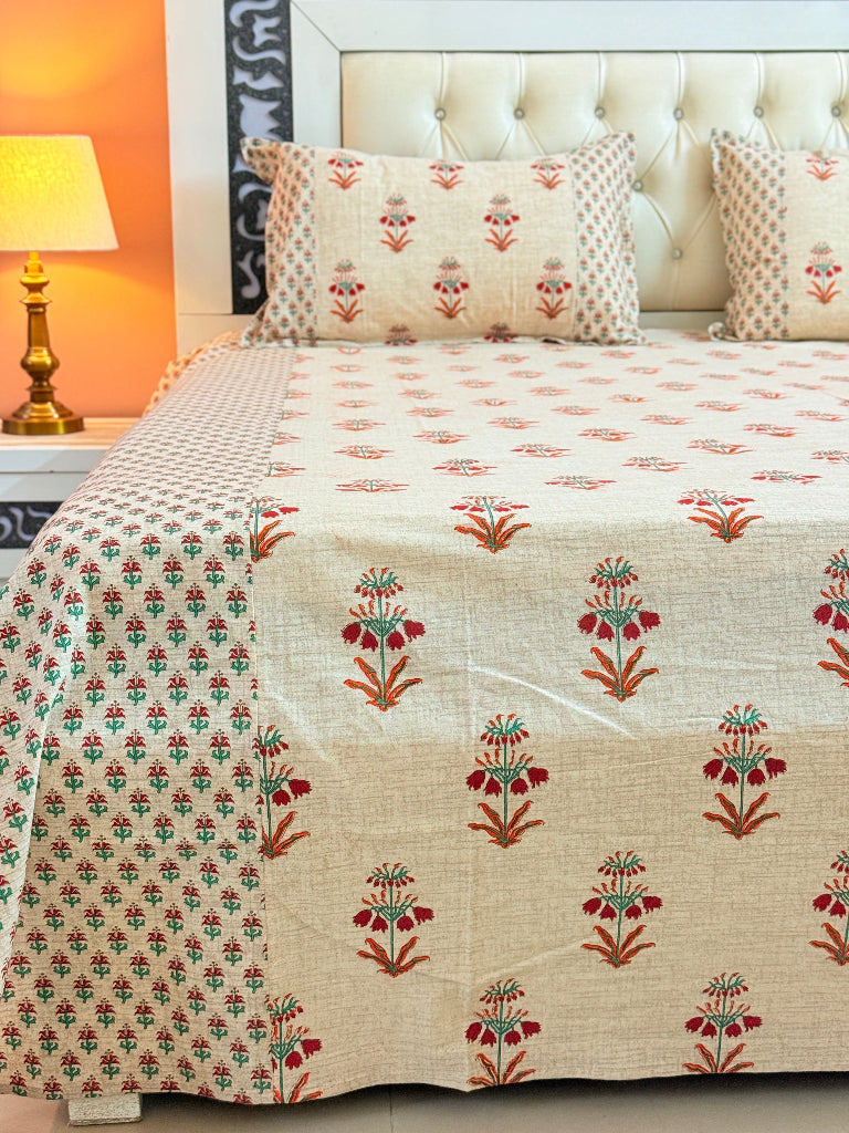 Beige and Red Floral Ajrakh Bedsheet