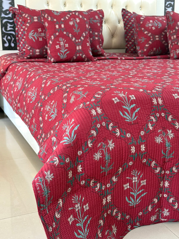 Floral Grid Hand Blocked Ajrakh Quilted Bedcover