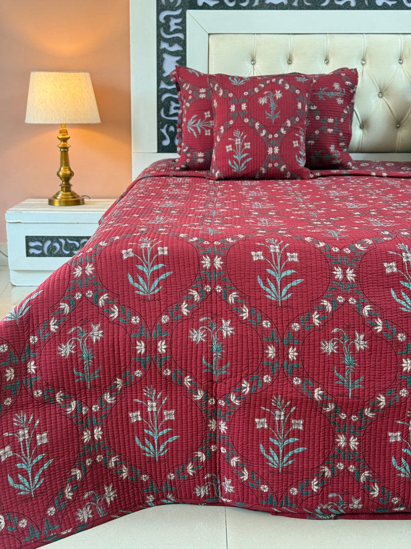 Floral Grid Hand Blocked Ajrakh Quilted Bedcover