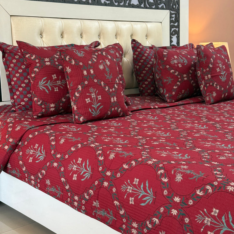 Floral Grid Hand Blocked Ajrakh Quilted Bedcover