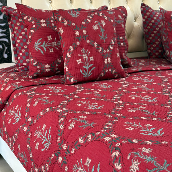 Floral Grid Hand Blocked Ajrakh Quilted Bedcover