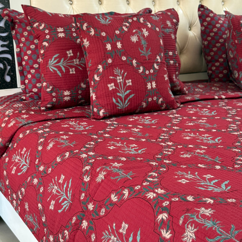 Floral Grid Hand Blocked Ajrakh Quilted Bedcover