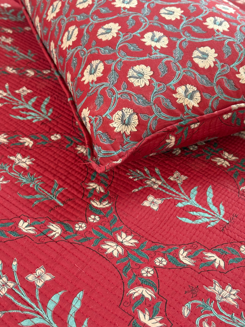 Floral Grid Hand Blocked Ajrakh Quilted Bedcover