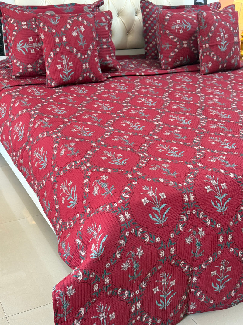 Floral Grid Hand Blocked Ajrakh Quilted Bedcover