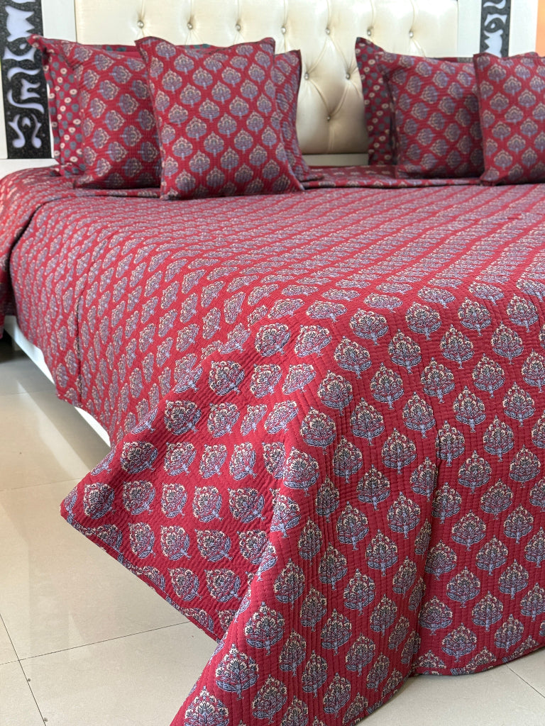 Handcrafted Bloom Ajrakh Quilted Bedcover