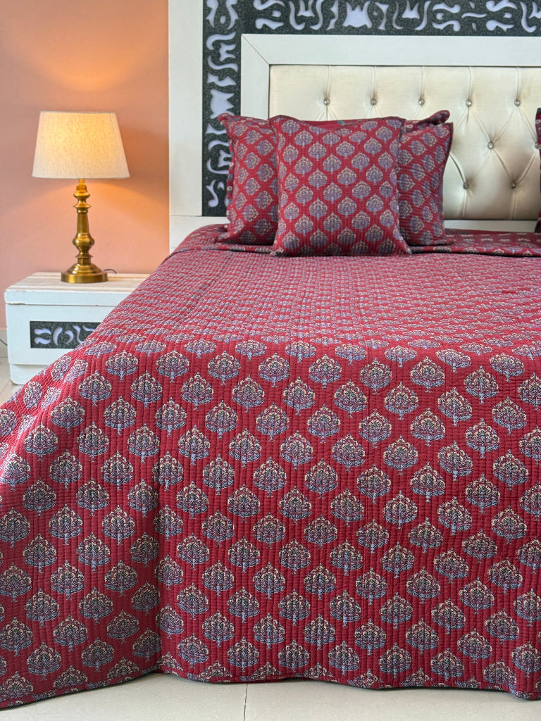 Handcrafted Bloom Ajrakh Quilted Bedcover