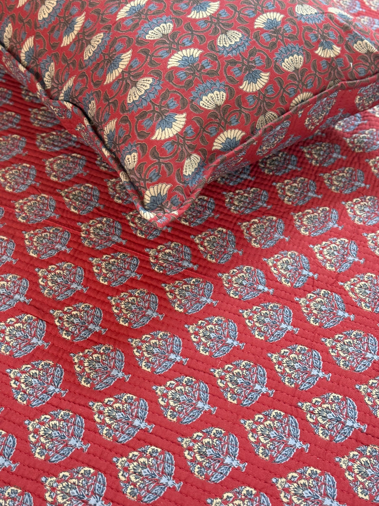 Handcrafted Bloom Ajrakh Quilted Bedcover