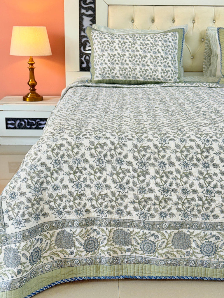 Garden Mist Hand Blocked Quilted Bedcover